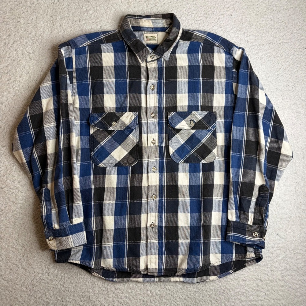 Vintage Five Brother Flannel Shirt Men XL Blue Black Plaid Heavy work shirt